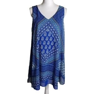 Blue Paisley Print Gauzy Shift Dress Size Medium Layered Lined Boho Sleeveless